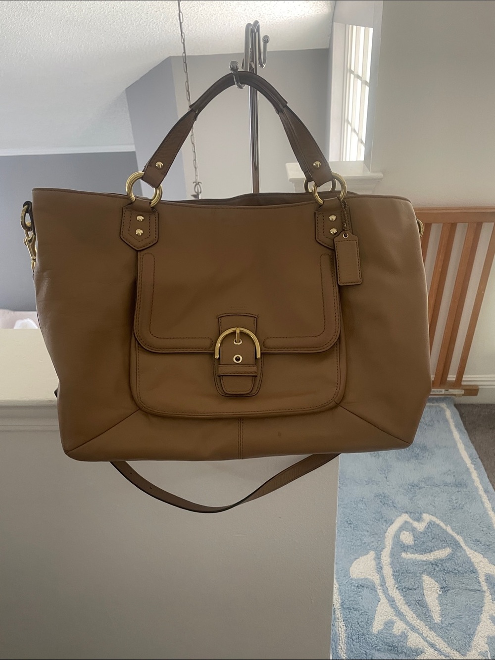 Coach Tan Leather Tote with Front Buckle and Gold Hardware